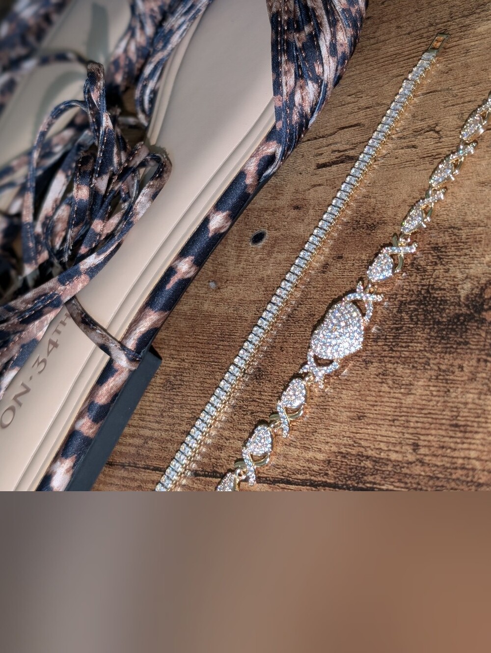 Gold Crystal Bracelet, Heart Link Bracelet And On-34th Cheetah Print Sandals